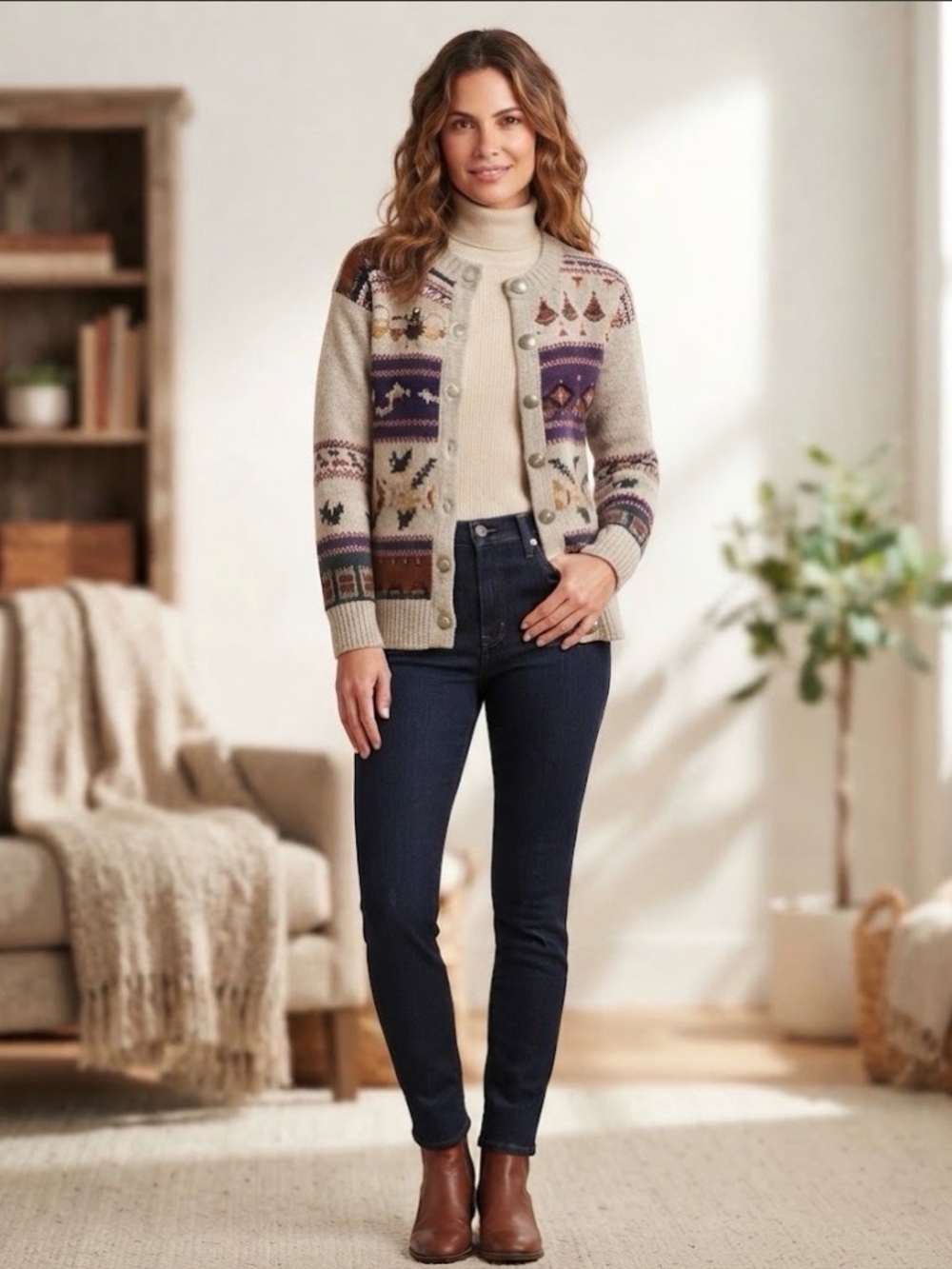 Vintage Woolrich Woman Fair Isle Cardigan Sweater – Size M – 85% Wool